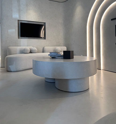 Seamless microcement wall and floor finish in modern Dubai interior