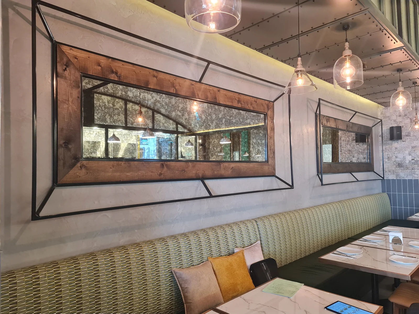 Textured wall finish in a restaurant seating area