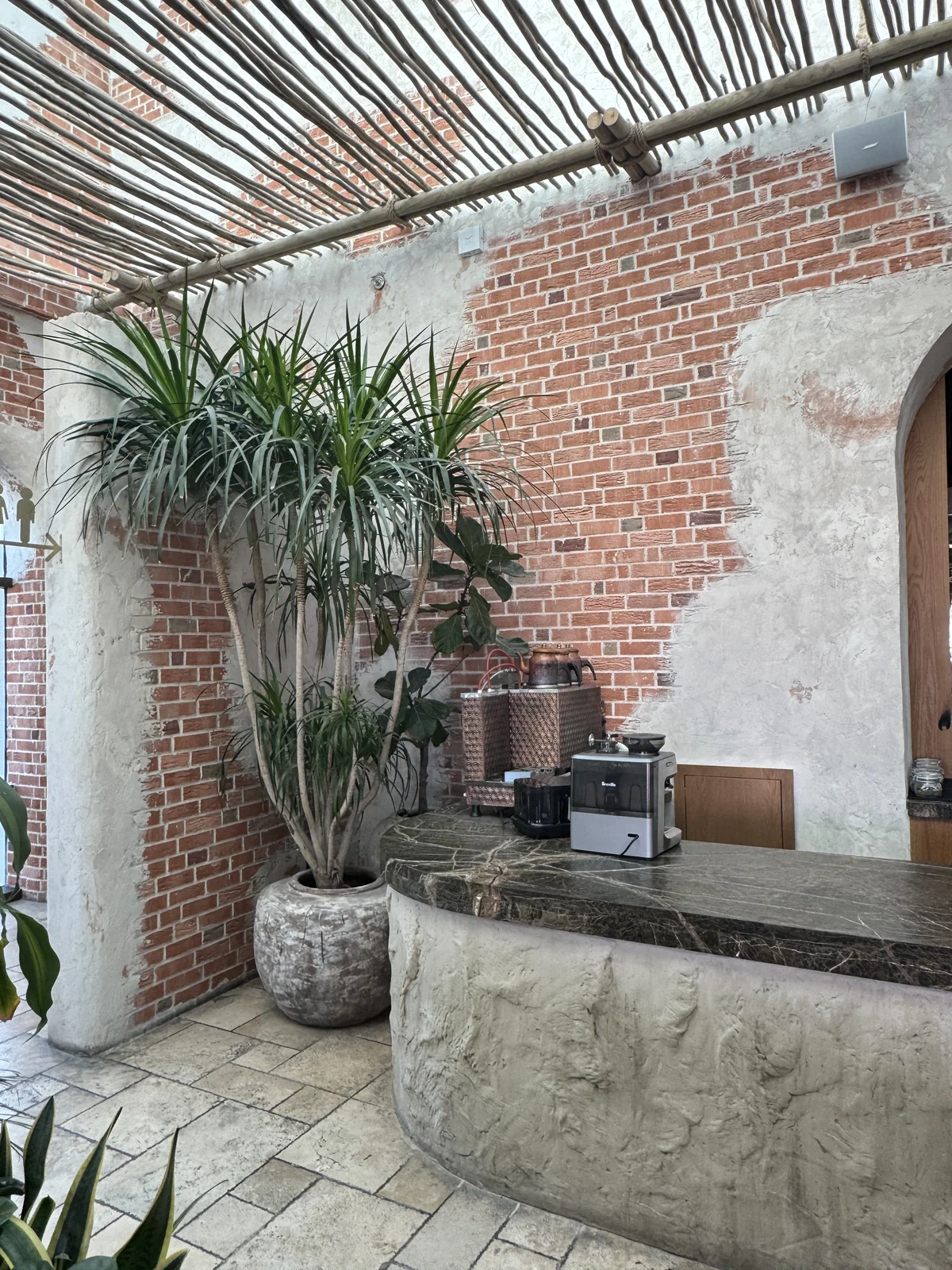 Rustic plaster surrounding exposed-brick detailing and a counter