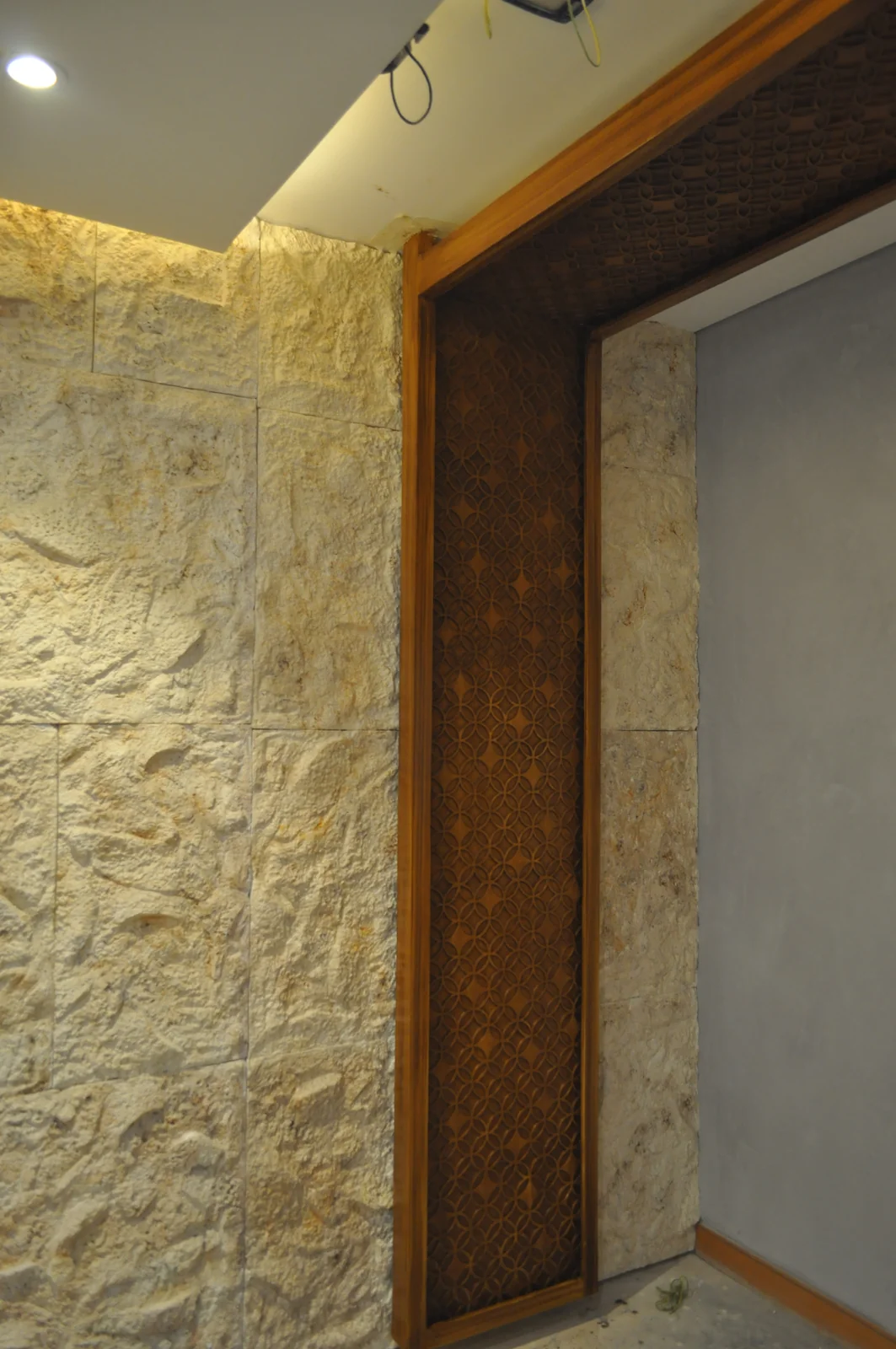 Wood-effect detailing around an interior doorway